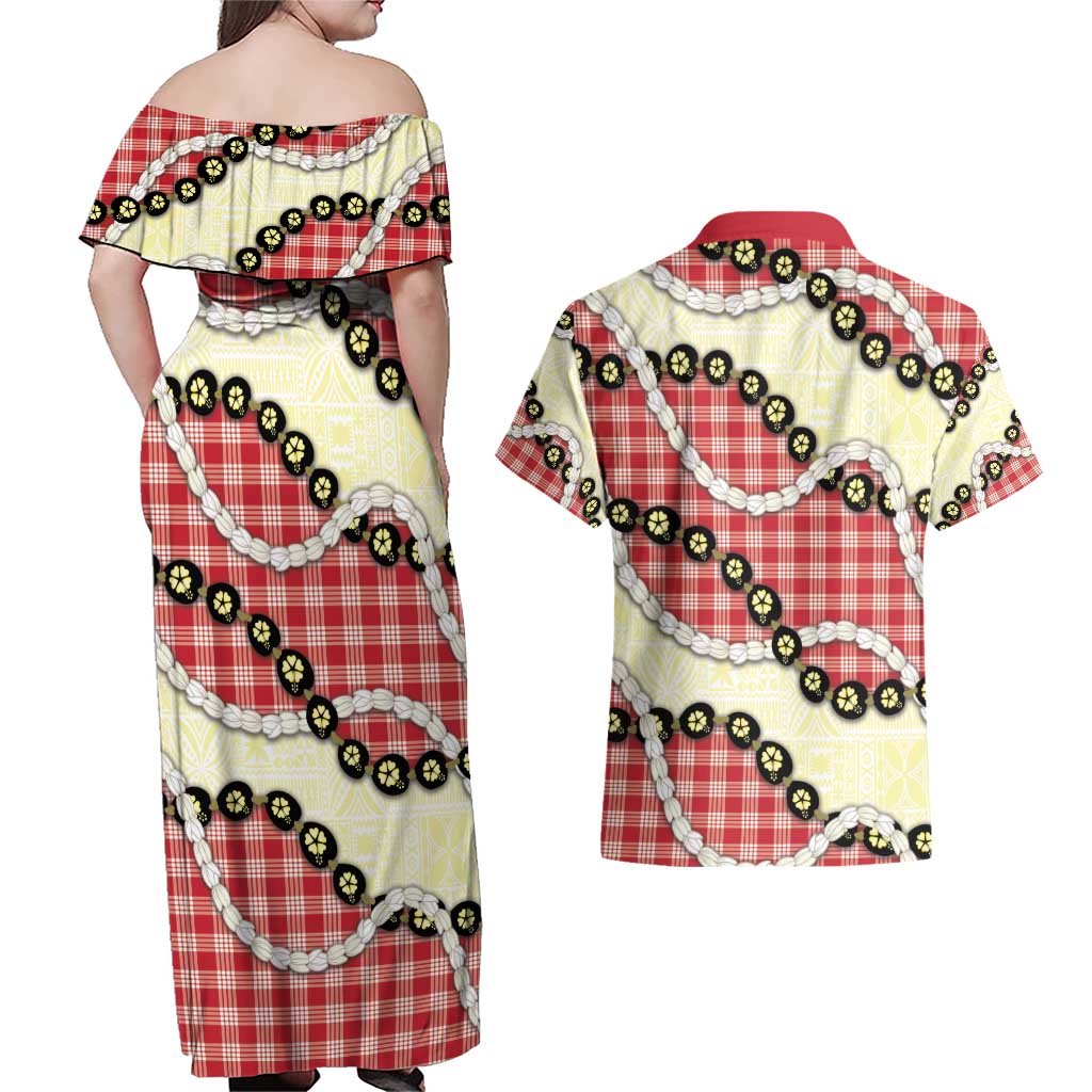 Red Palaka Hawaii Couples Matching Off Shoulder Maxi Dress and Hawaiian Shirt Kukui Nut Pikake Lei Hawaiian Tapa Pattern - Polynesian Pride