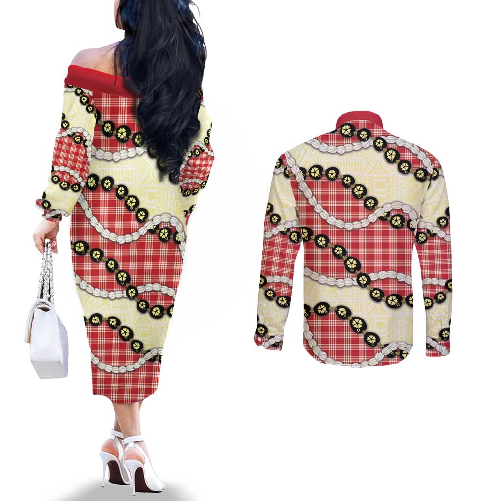 Red Palaka Hawaii Couples Matching Off The Shoulder Long Sleeve Dress and Long Sleeve Button Shirt Kukui Nut Pikake Lei Hawaiian Tapa Pattern - Polynesian Pride