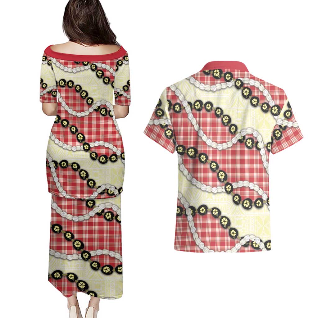 Red Palaka Hawaii Couples Matching Puletasi and Hawaiian Shirt Kukui Nut Pikake Lei Hawaiian Tapa Pattern - Polynesian Pride