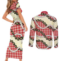 Red Palaka Hawaii Couples Matching Short Sleeve Bodycon Dress and Long Sleeve Button Shirt Kukui Nut Pikake Lei Hawaiian Tapa Pattern - Polynesian Pride