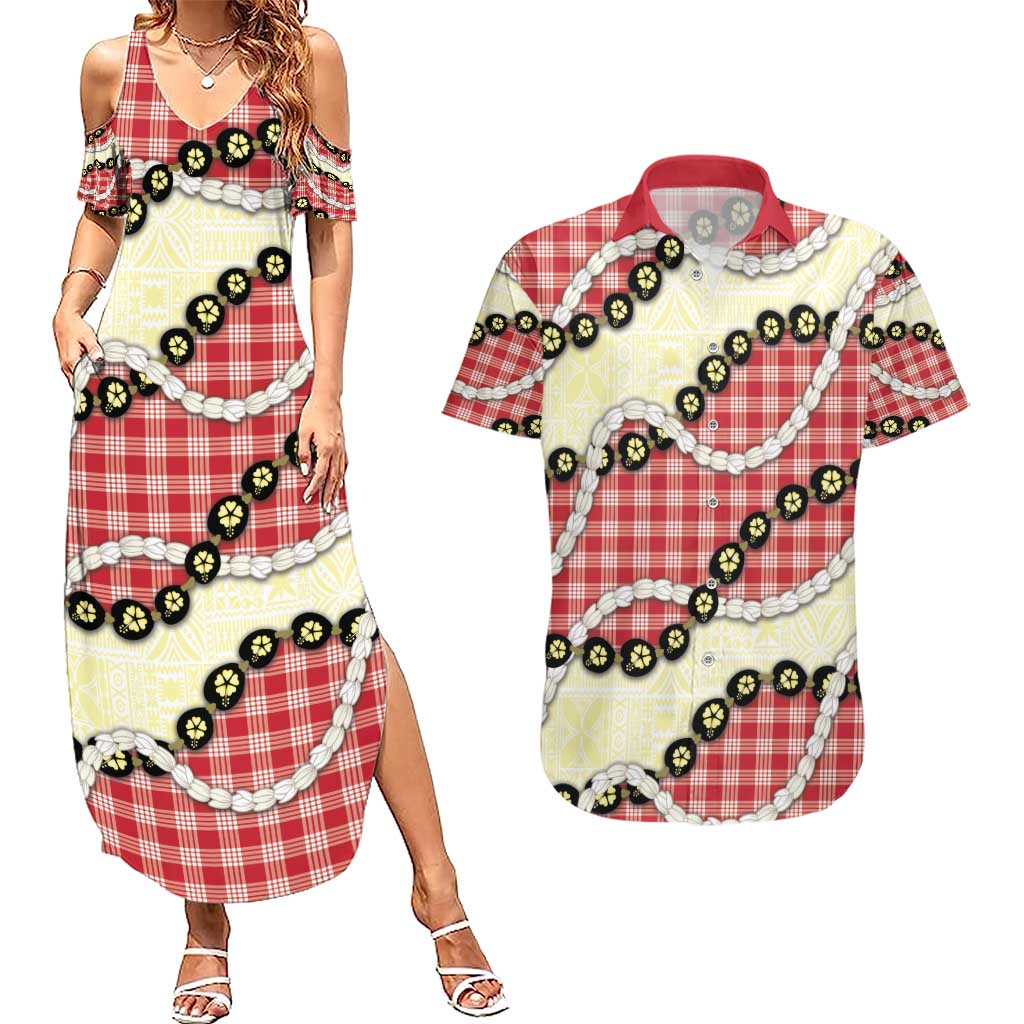 Red Palaka Hawaii Couples Matching Summer Maxi Dress and Hawaiian Shirt Kukui Nut Pikake Lei Hawaiian Tapa Pattern - Polynesian Pride