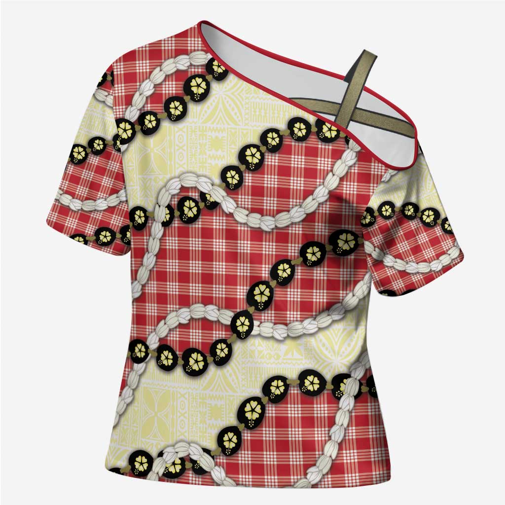 Red Palaka Hawaii Cross Shoulder Shirt Kukui Nut Pikake Lei Hawaiian Tapa Pattern - Polynesian Pride