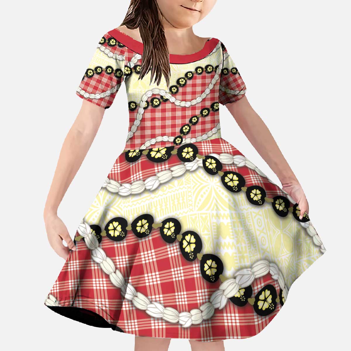 Red Palaka Hawaii Family Matching Off The Shoulder Long Sleeve Dress and Hawaiian Shirt Kukui Nut Pikake Lei Hawaiian Tapa Pattern - Polynesian Pride