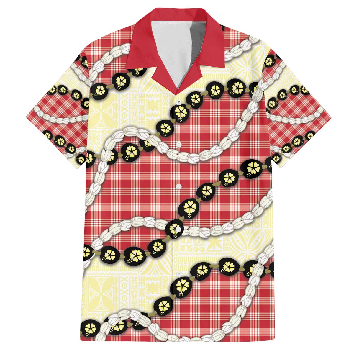 Red Palaka Hawaii Family Matching Off The Shoulder Long Sleeve Dress and Hawaiian Shirt Kukui Nut Pikake Lei Hawaiian Tapa Pattern - Polynesian Pride