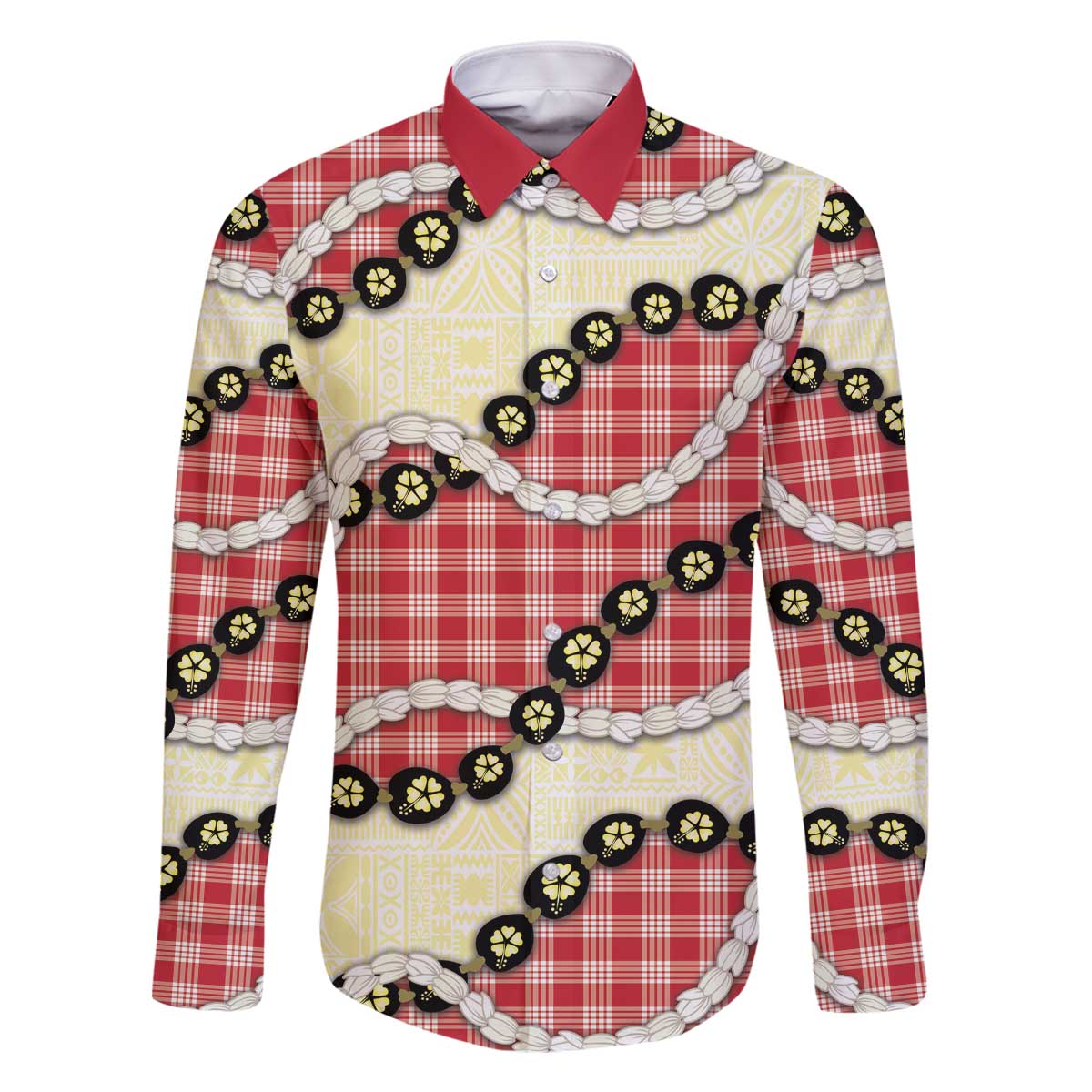 Red Palaka Hawaii Family Matching Off The Shoulder Long Sleeve Dress and Hawaiian Shirt Kukui Nut Pikake Lei Hawaiian Tapa Pattern - Polynesian Pride