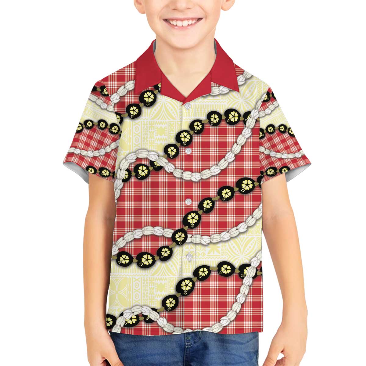 Red Palaka Hawaii Family Matching Off The Shoulder Long Sleeve Dress and Hawaiian Shirt Kukui Nut Pikake Lei Hawaiian Tapa Pattern - Polynesian Pride