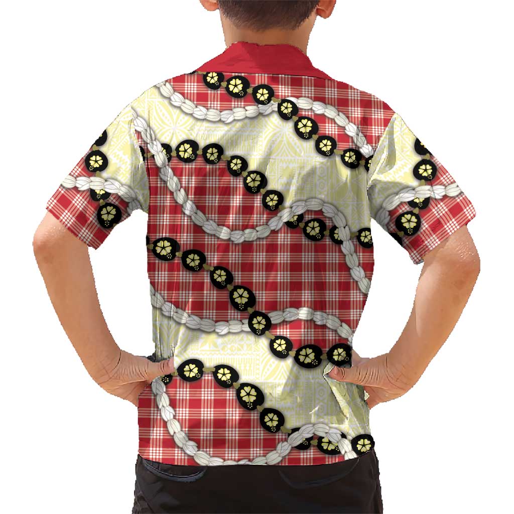 Red Palaka Hawaii Family Matching Off Shoulder Short Dress and Hawaiian Shirt Kukui Nut Pikake Lei Hawaiian Tapa Pattern - Polynesian Pride