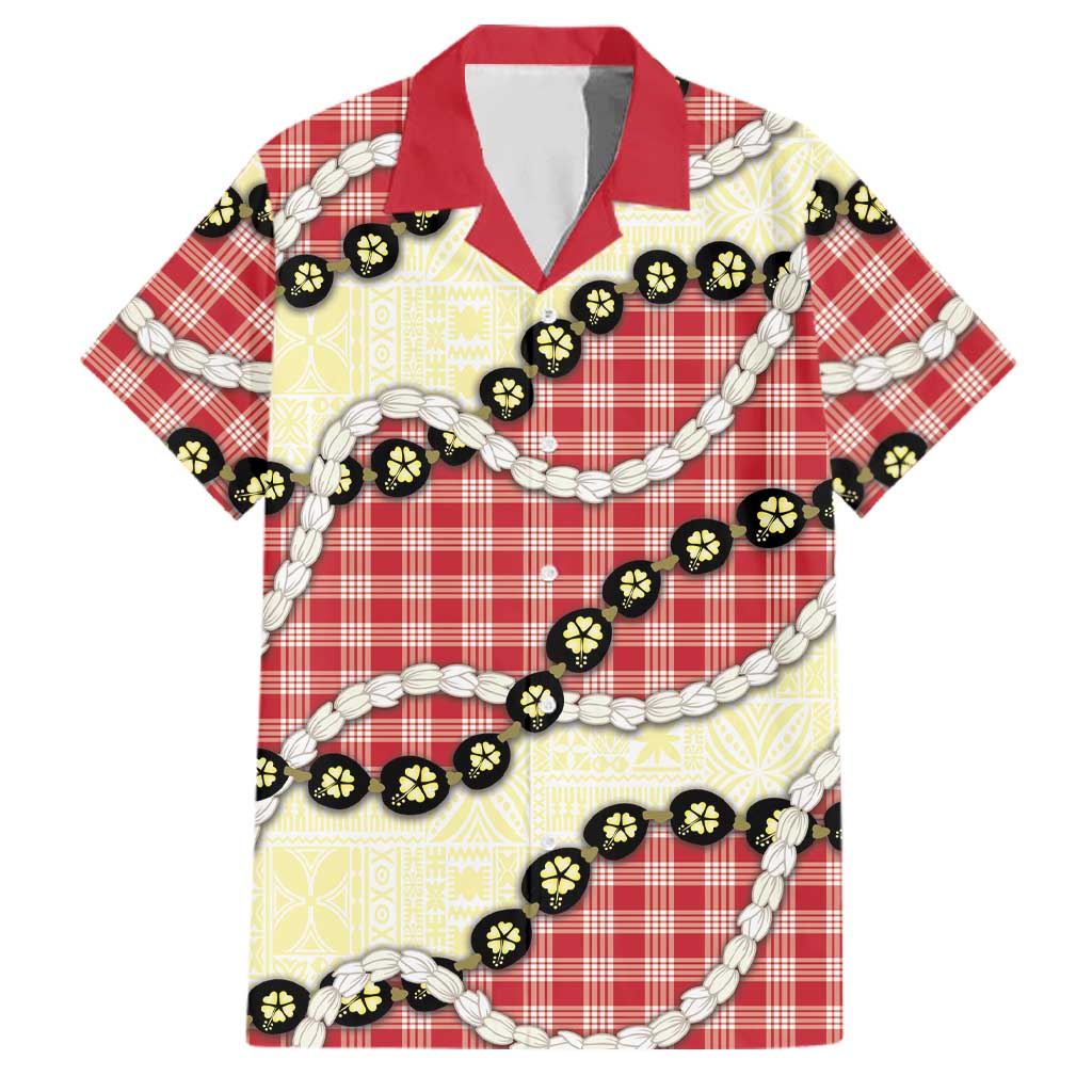 Red Palaka Hawaii Family Matching Off Shoulder Short Dress and Hawaiian Shirt Kukui Nut Pikake Lei Hawaiian Tapa Pattern - Polynesian Pride