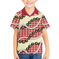 Red Palaka Hawaii Family Matching Off Shoulder Short Dress and Hawaiian Shirt Kukui Nut Pikake Lei Hawaiian Tapa Pattern - Polynesian Pride