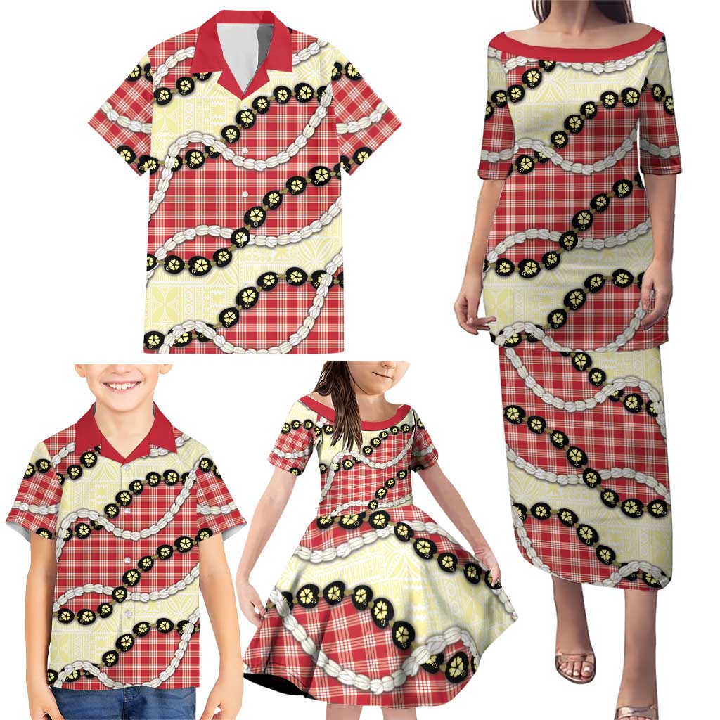 Red Palaka Hawaii Family Matching Puletasi and Hawaiian Shirt Kukui Nut Pikake Lei Hawaiian Tapa Pattern LT14 - Polynesian Pride