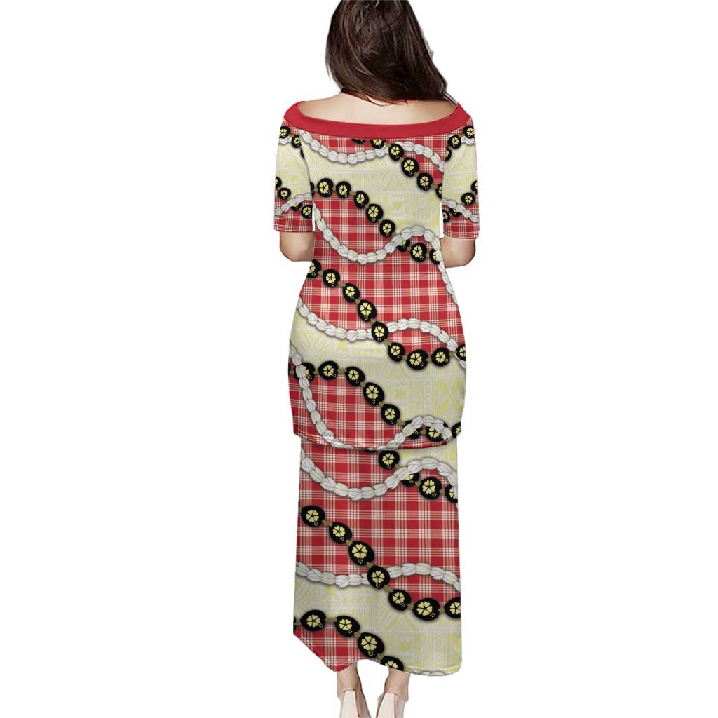 Red Palaka Hawaii Family Matching Puletasi and Hawaiian Shirt Kukui Nut Pikake Lei Hawaiian Tapa Pattern LT14 - Polynesian Pride