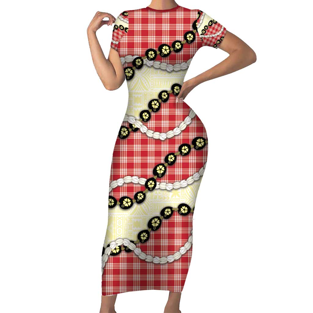 Red Palaka Hawaii Family Matching Short Sleeve Bodycon Dress and Hawaiian Shirt Kukui Nut Pikake Lei Hawaiian Tapa Pattern - Polynesian Pride