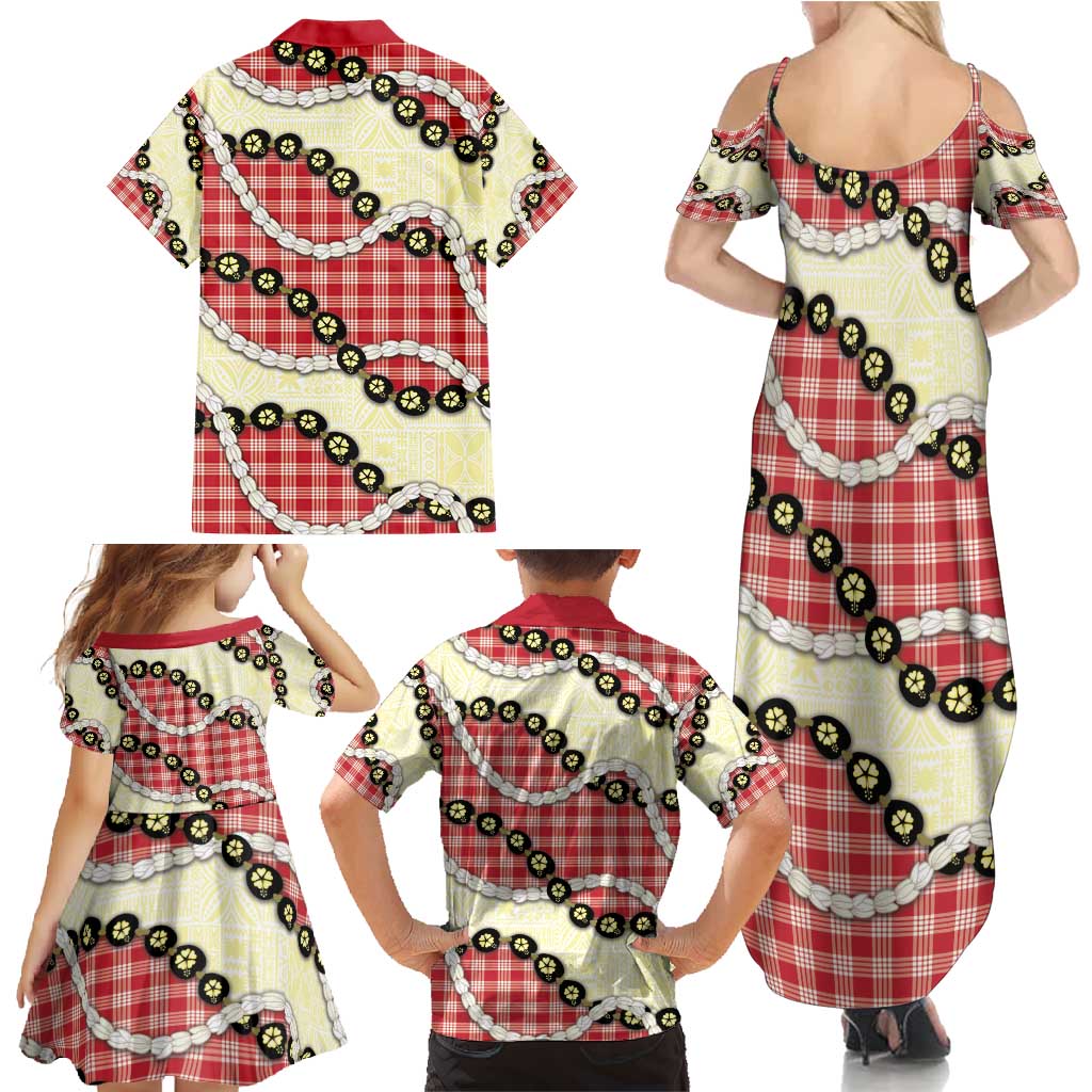 Red Palaka Hawaii Family Matching Summer Maxi Dress and Hawaiian Shirt Kukui Nut Pikake Lei Hawaiian Tapa Pattern - Polynesian Pride