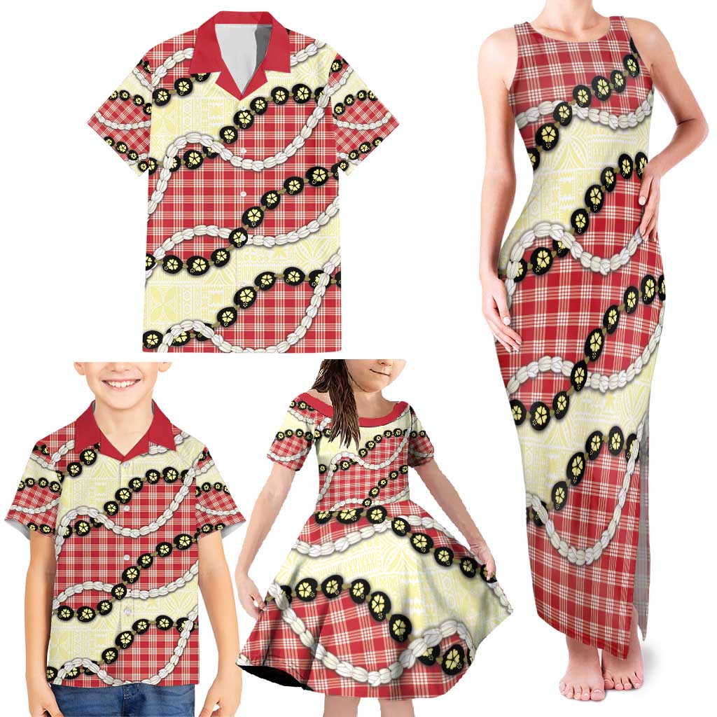 Red Palaka Hawaii Family Matching Tank Maxi Dress and Hawaiian Shirt Kukui Nut Pikake Lei Hawaiian Tapa Pattern - Polynesian Pride