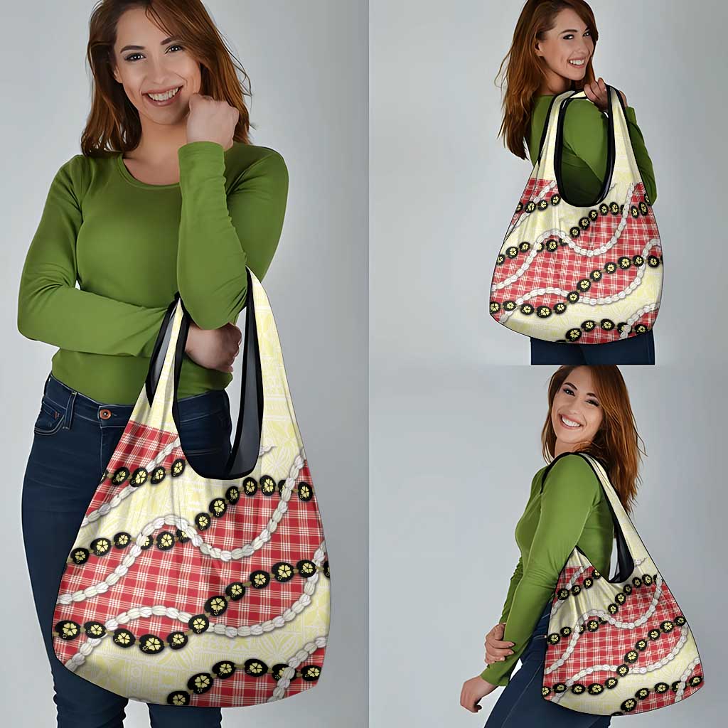 Red Palaka Hawaii Grocery Bag Kukui Nut Pikake Lei Hawaiian Tapa Pattern - Polynesian Pride