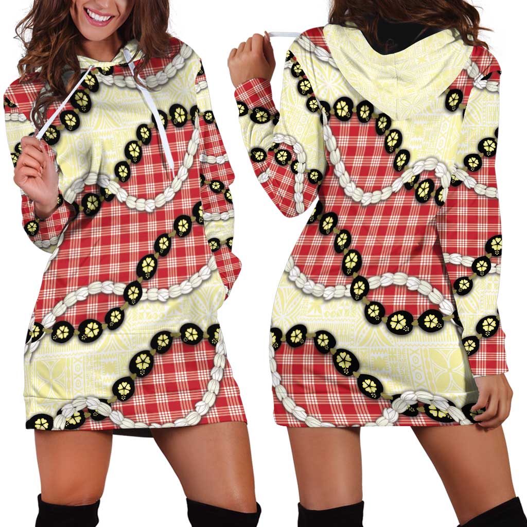Red Palaka Hawaii Hoodie Dress Kukui Nut Pikake Lei Hawaiian Tapa Pattern - Polynesian Pride
