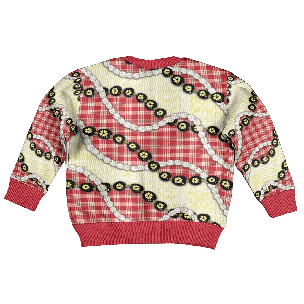 Red Palaka Hawaii Kid Ugly Christmas Sweater Kukui Nut Pikake Lei Hawaiian Tapa Pattern - Polynesian Pride