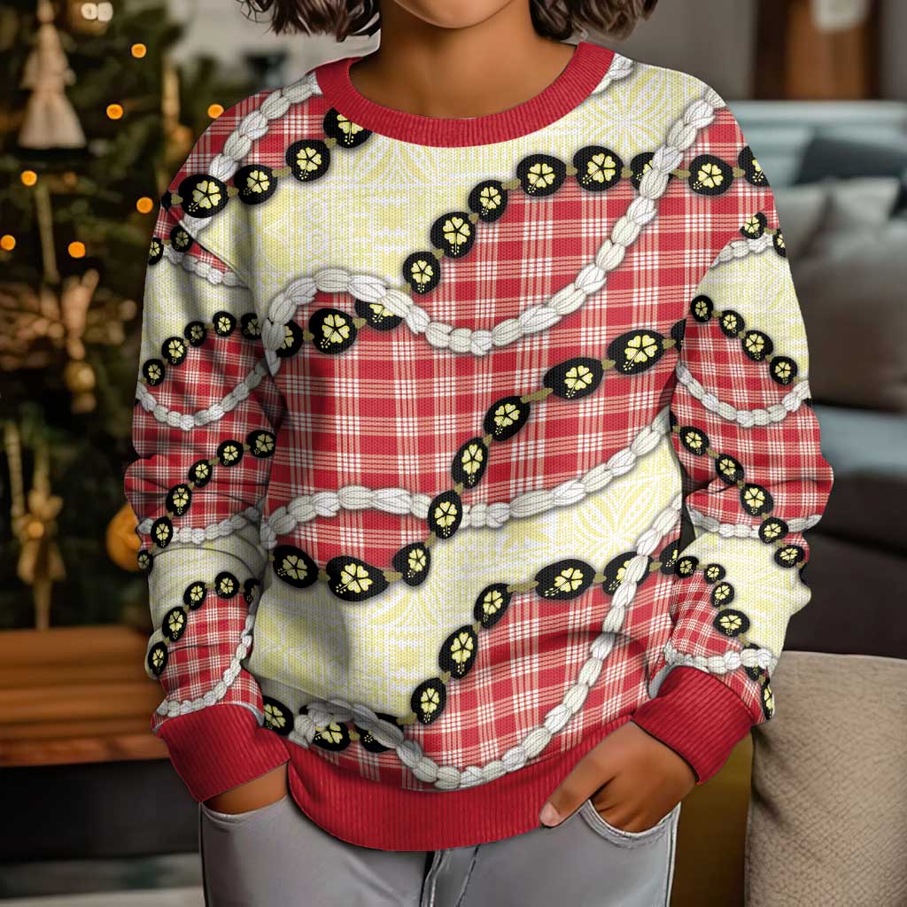 Red Palaka Hawaii Kid Ugly Christmas Sweater Kukui Nut Pikake Lei Hawaiian Tapa Pattern - Polynesian Pride