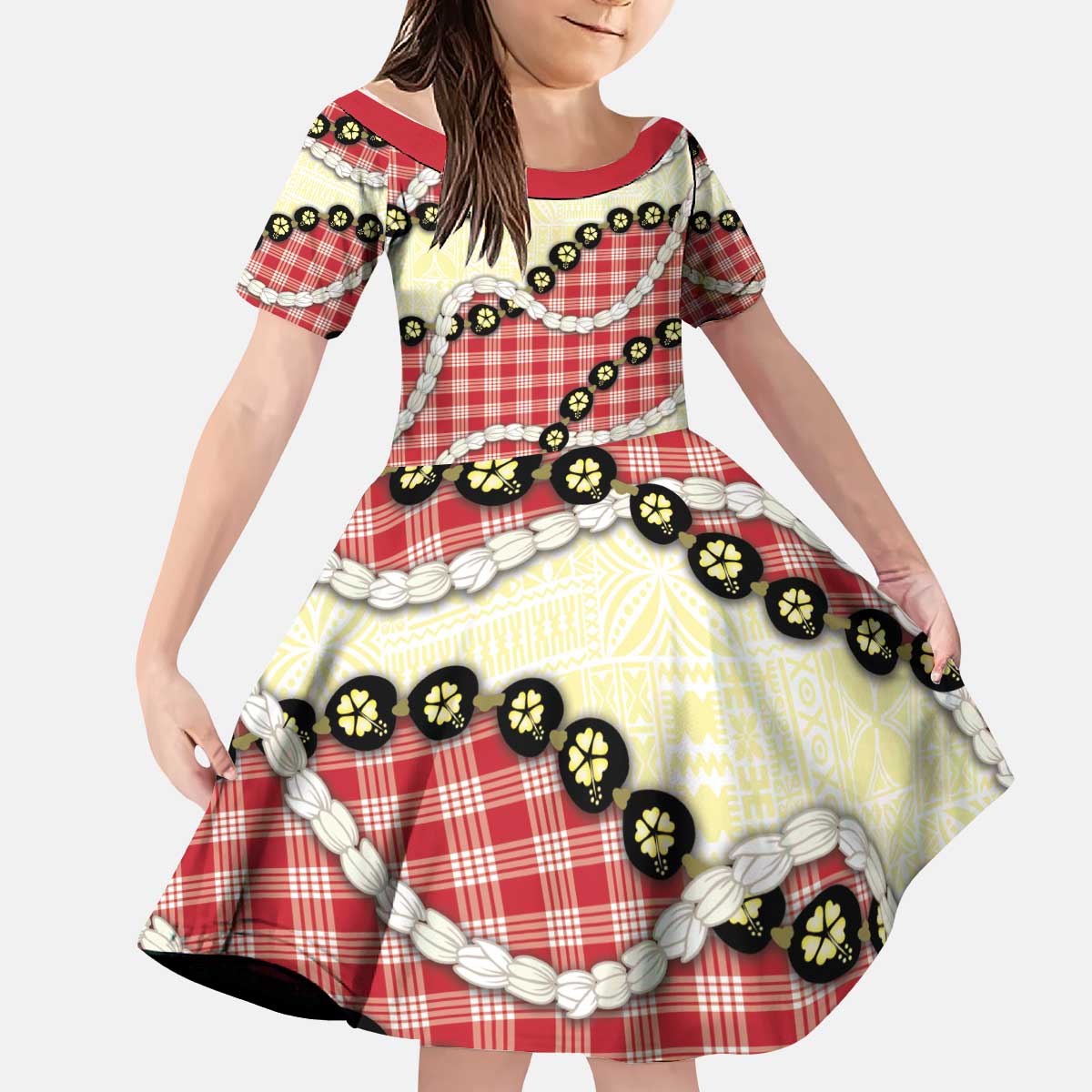Red Palaka Hawaii Kid Short Sleeve Dress Kukui Nut Pikake Lei Hawaiian Tapa Pattern - Polynesian Pride