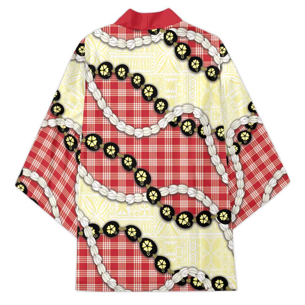 Red Palaka Hawaii Kimono Kukui Nut Pikake Lei Hawaiian Tapa Pattern - Polynesian Pride