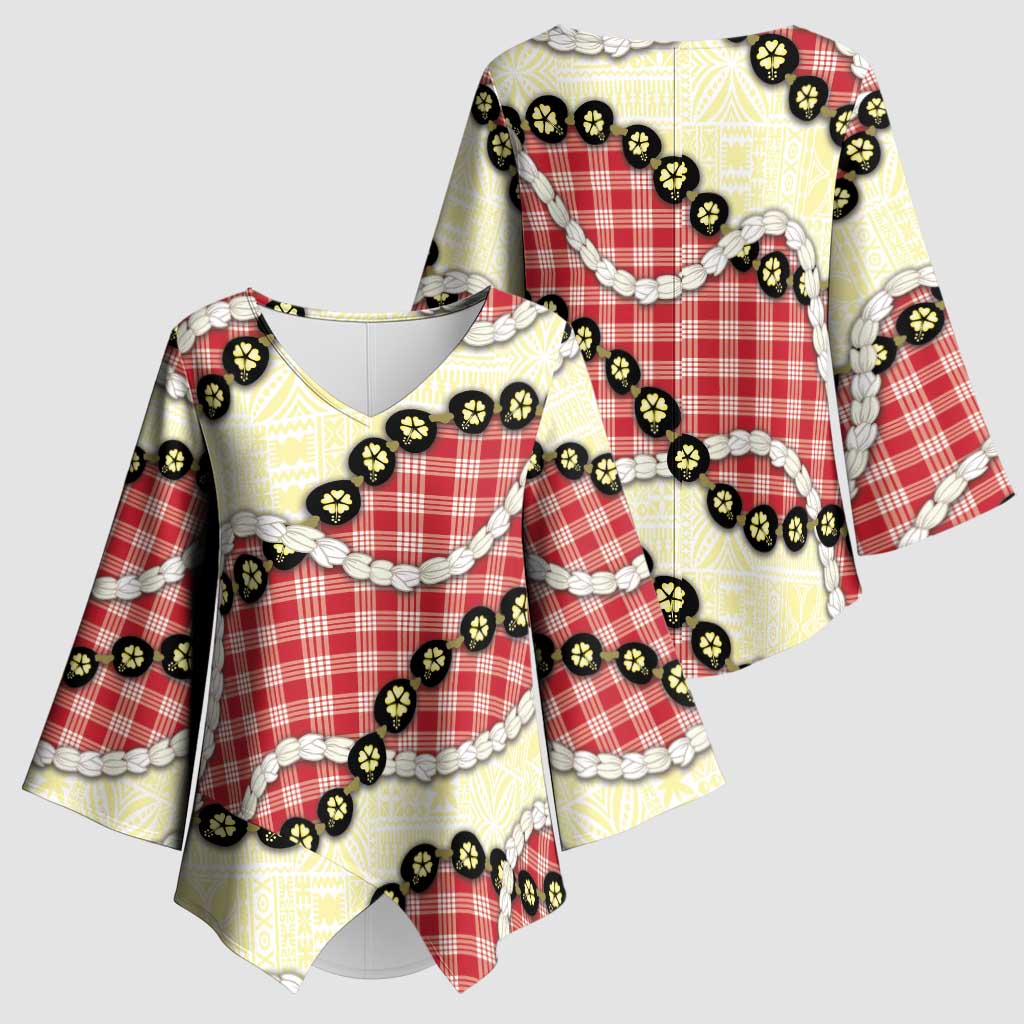 Red Palaka Hawaii Kimono Sleeve Blouse Kukui Nut Pikake Lei Hawaiian Tapa Pattern - Polynesian Pride