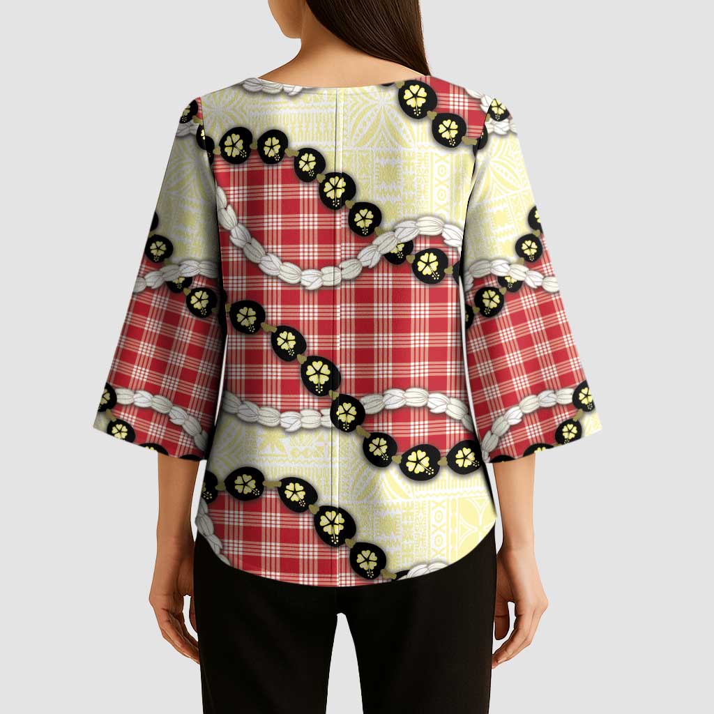 Red Palaka Hawaii Kimono Sleeve Blouse Kukui Nut Pikake Lei Hawaiian Tapa Pattern - Polynesian Pride