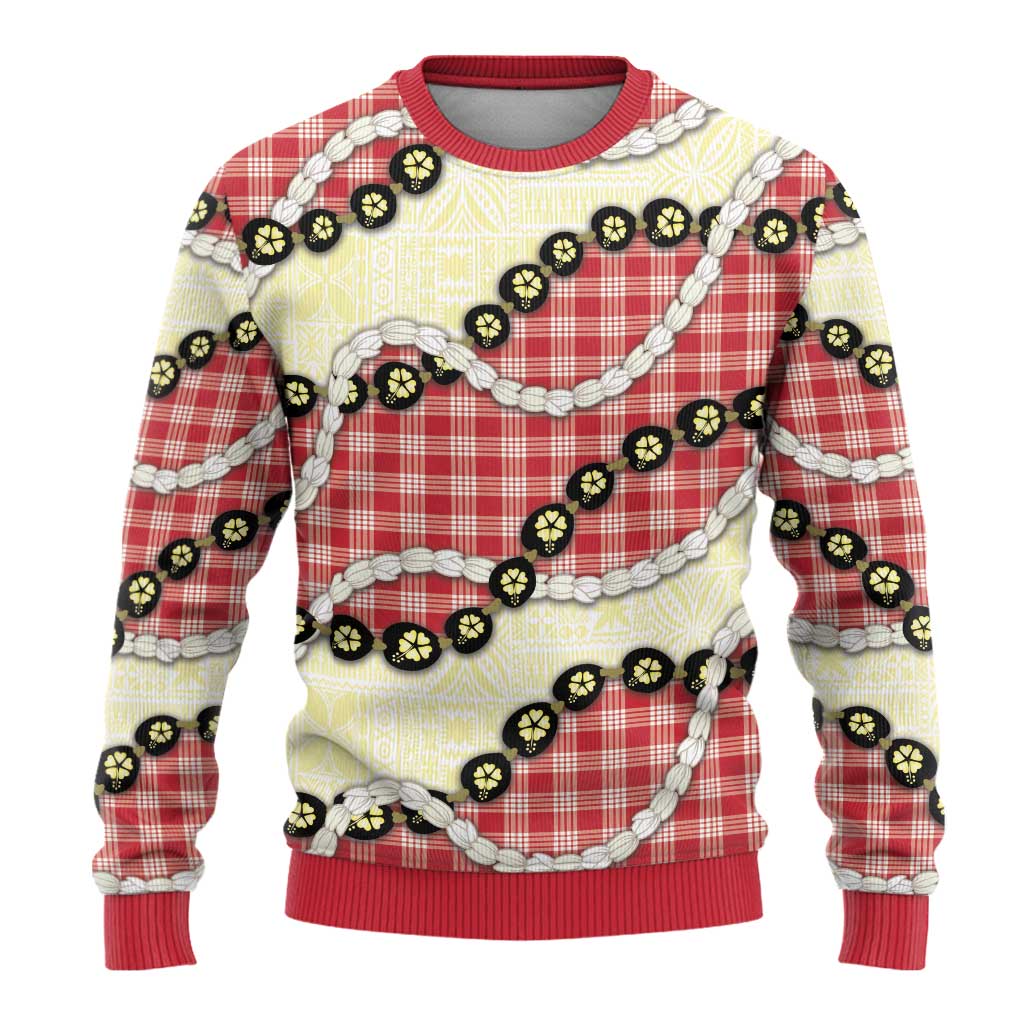 Red Palaka Hawaii Ugly Christmas Sweater Kukui Nut Pikake Lei Hawaiian Tapa Pattern - Polynesian Pride