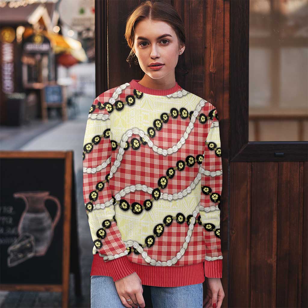 Red Palaka Hawaii Ugly Christmas Sweater Kukui Nut Pikake Lei Hawaiian Tapa Pattern - Polynesian Pride