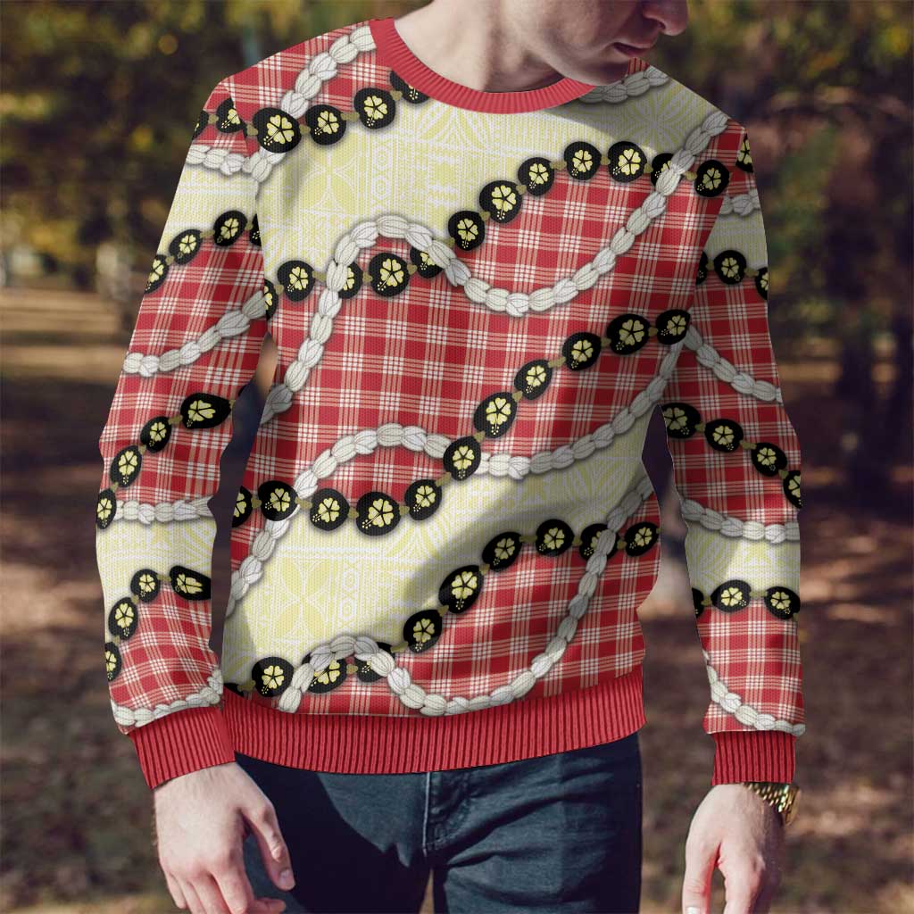 Red Palaka Hawaii Ugly Christmas Sweater Kukui Nut Pikake Lei Hawaiian Tapa Pattern - Polynesian Pride