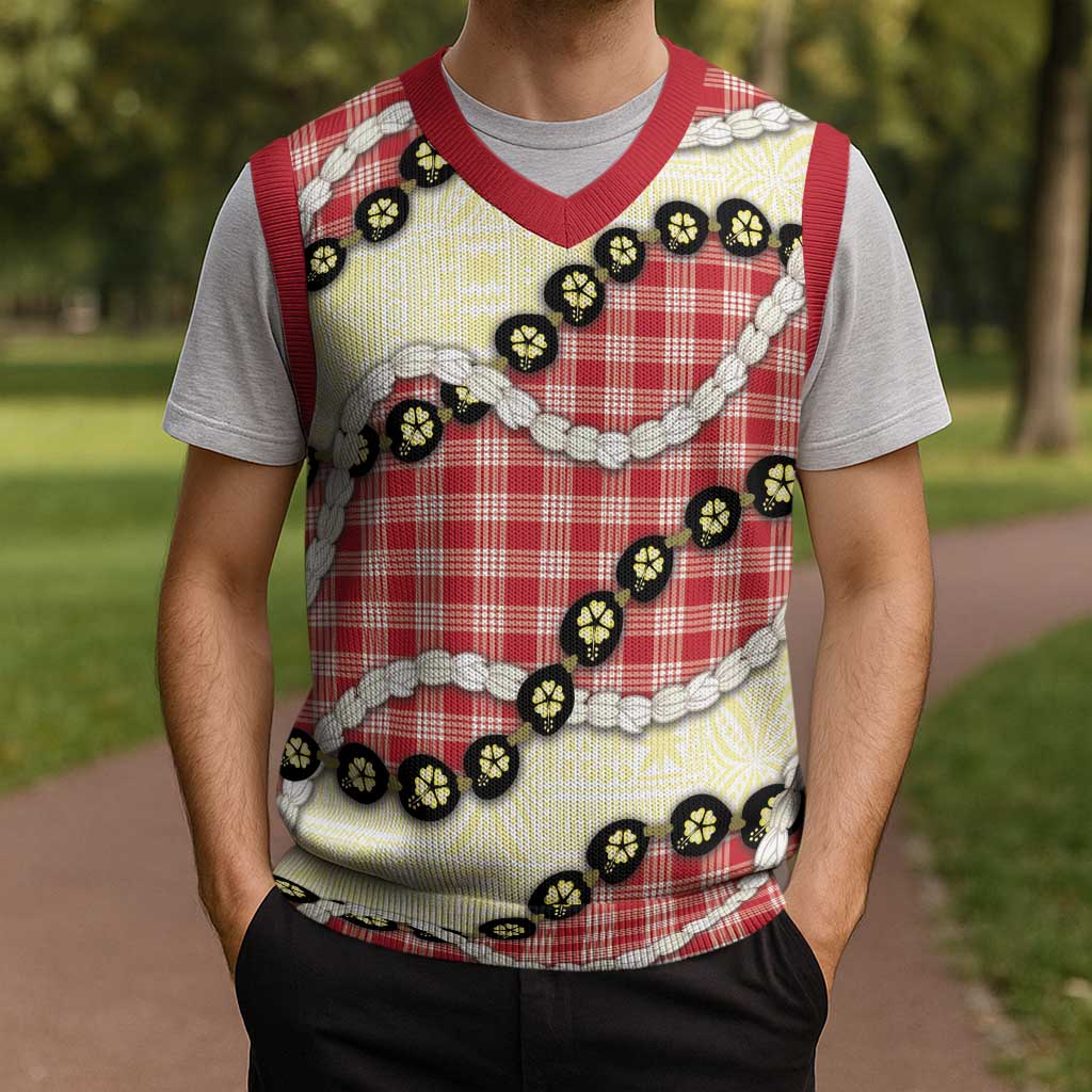 Red Palaka Hawaii Christmas Knitted V-Neck Vest Kukui Nut Pikake Lei Hawaiian Tapa Pattern - Polynesian Pride