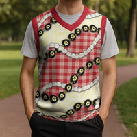 Red Palaka Hawaii Christmas Knitted V-Neck Vest Kukui Nut Pikake Lei Hawaiian Tapa Pattern - Polynesian Pride