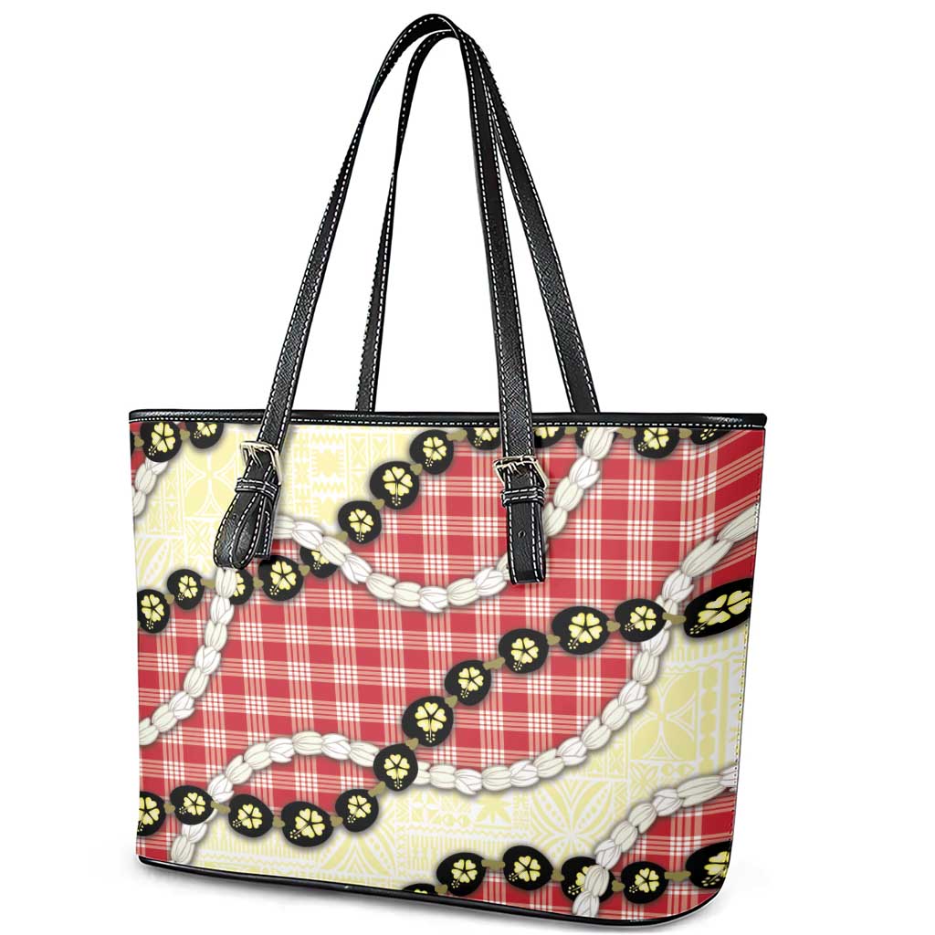 Red Palaka Hawaii Leather Tote Bag Kukui Nut Pikake Lei Hawaiian Tapa Pattern - Polynesian Pride