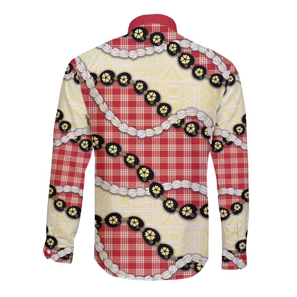 Red Palaka Hawaii Long Sleeve Button Shirt Kukui Nut Pikake Lei Hawaiian Tapa Pattern - Polynesian Pride