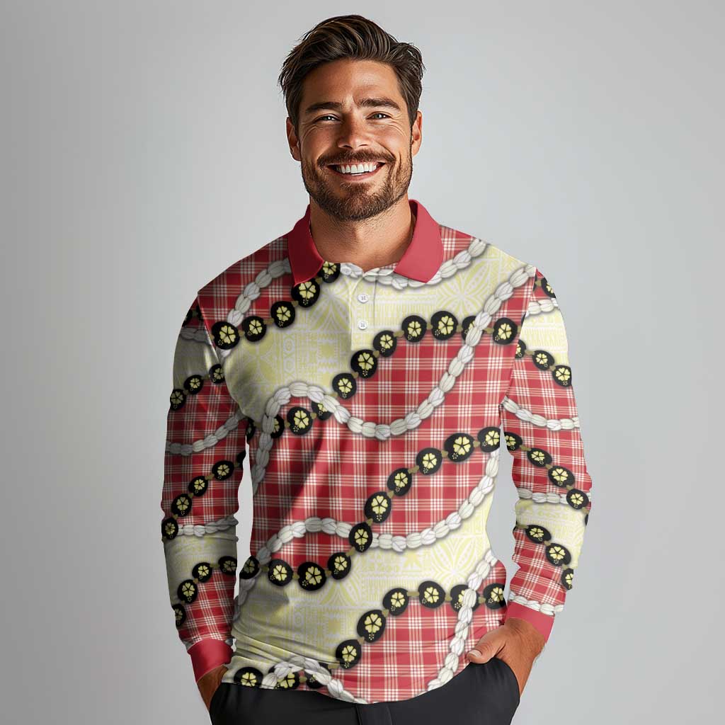 Red Palaka Hawaii Long Sleeve Polo Shirt Kukui Nut Pikake Lei Hawaiian Tapa Pattern - Polynesian Pride