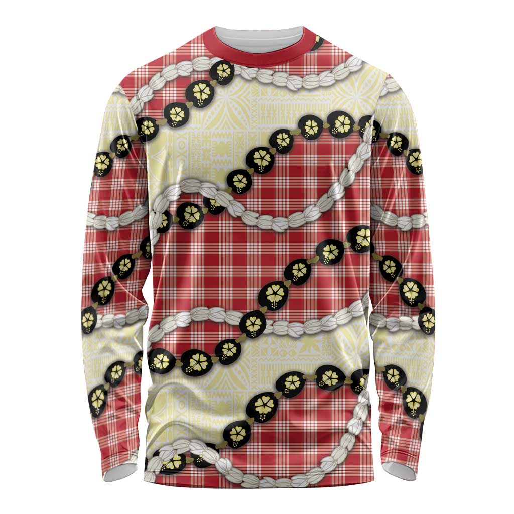 Red Palaka Hawaii Long Sleeve Shirt Kukui Nut Pikake Lei Hawaiian Tapa Pattern - Polynesian Pride