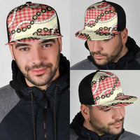 Red Palaka Hawaii Mesh Trucker Cap Kukui Nut Pikake Lei Hawaiian Tapa Pattern - Polynesian Pride