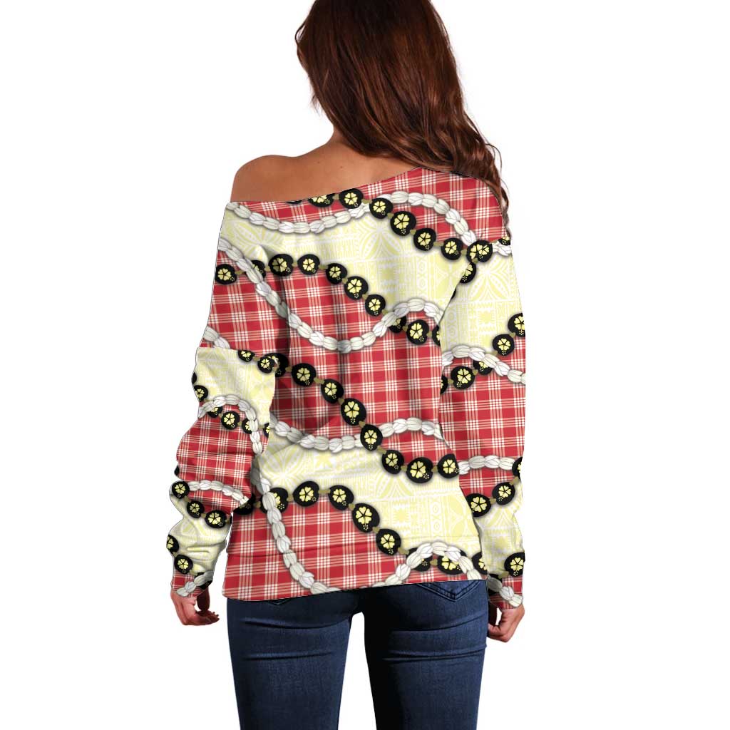 Red Palaka Hawaii Off Shoulder Sweater Kukui Nut Pikake Lei Hawaiian Tapa Pattern - Polynesian Pride