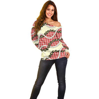 Red Palaka Hawaii Off Shoulder Sweater Kukui Nut Pikake Lei Hawaiian Tapa Pattern - Polynesian Pride