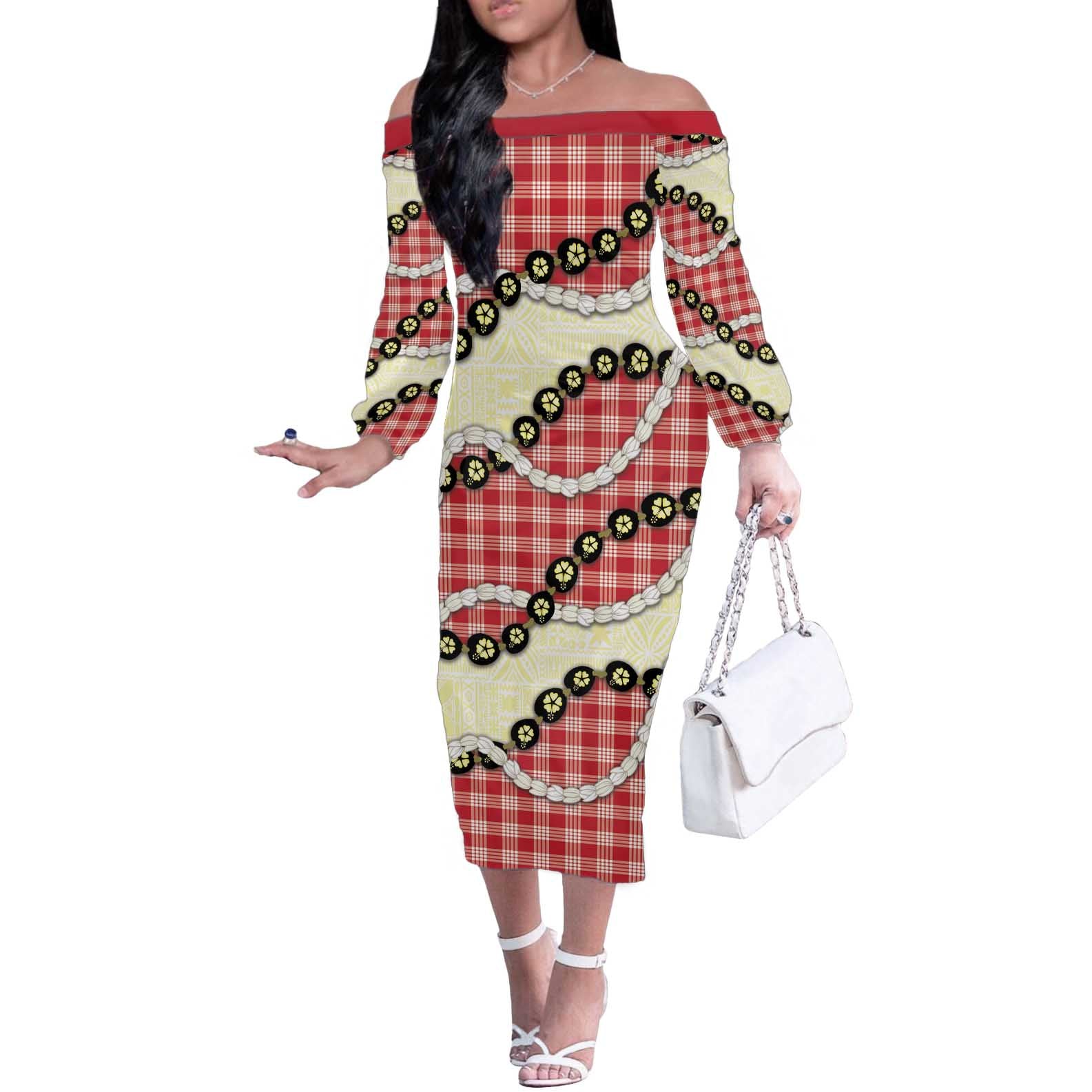 Red Palaka Hawaii Off The Shoulder Long Sleeve Dress Kukui Nut Pikake Lei Hawaiian Tapa Pattern - Polynesian Pride