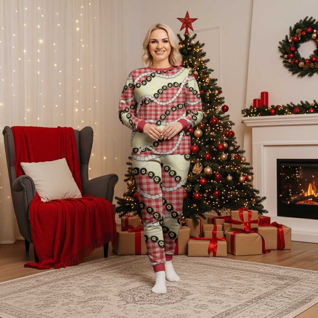Red Palaka Hawaii Christmas Pajama Set Kukui Nut Pikake Lei Hawaiian Tapa Pattern - Polynesian Pride