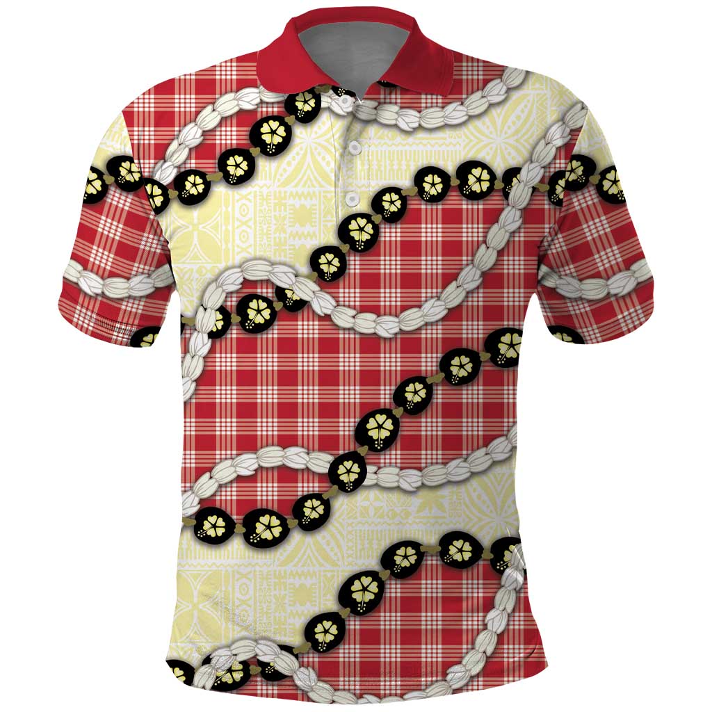 Red Palaka Hawaii Polo Shirt Kukui Nut Pikake Lei Hawaiian Tapa Pattern - Polynesian Pride