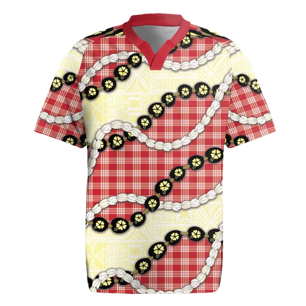 Red Palaka Hawaii Rugby Jersey Kukui Nut Pikake Lei Hawaiian Tapa Pattern - Polynesian Pride