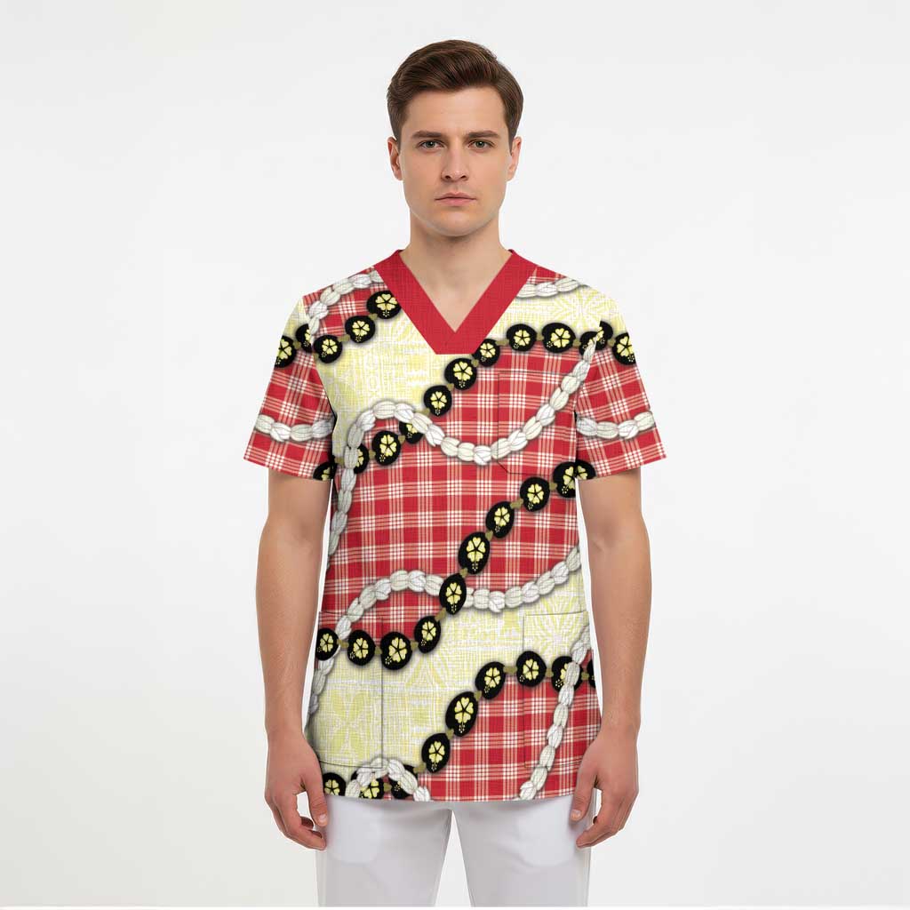 Red Palaka Hawaii Scrub Top Kukui Nut Pikake Lei Hawaiian Tapa Pattern - Polynesian Pride