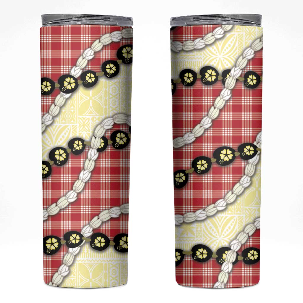 Red Palaka Hawaii Skinny Tumbler Kukui Nut Pikake Lei Hawaiian Tapa Pattern - Polynesian Pride