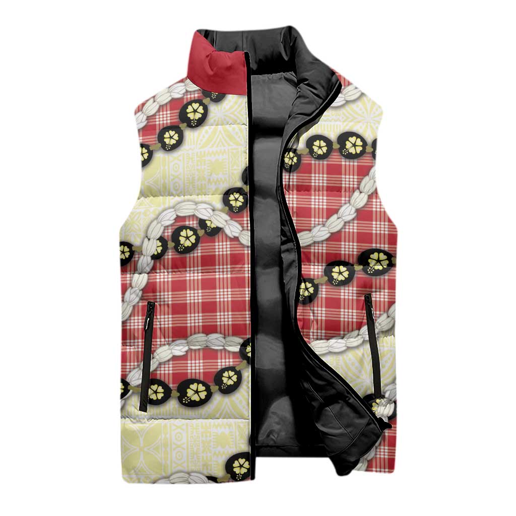 Red Palaka Hawaii Sleeveless Puffer Jacket Kukui Nut Pikake Lei Hawaiian Tapa Pattern - Polynesian Pride