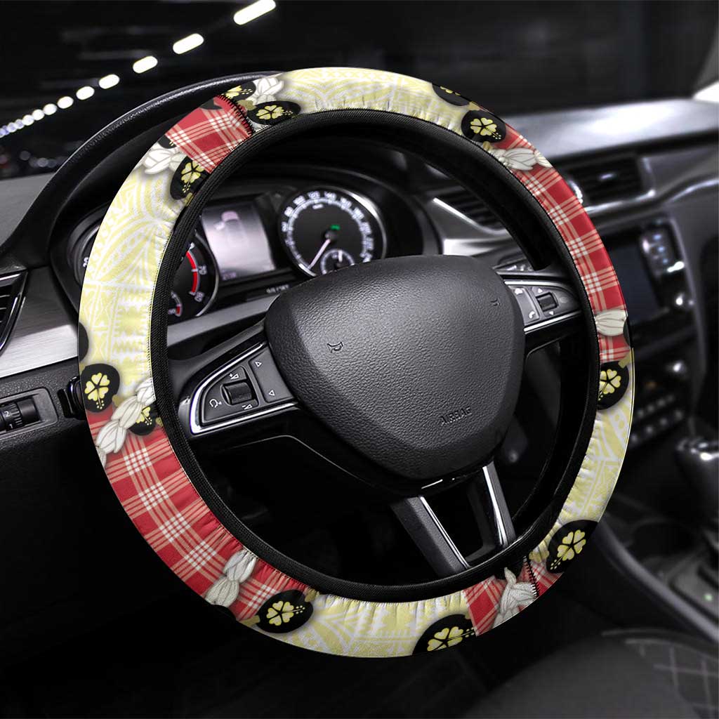 Red Palaka Hawaii Steering Wheel Cover Kukui Nut Pikake Lei Hawaiian Tapa Pattern - Polynesian Pride