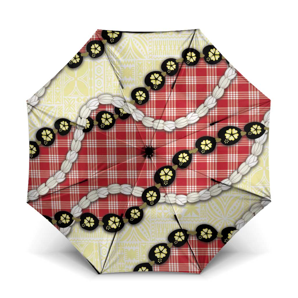 Red Palaka Hawaii Umbrella Kukui Nut Pikake Lei Hawaiian Tapa Pattern - Polynesian Pride