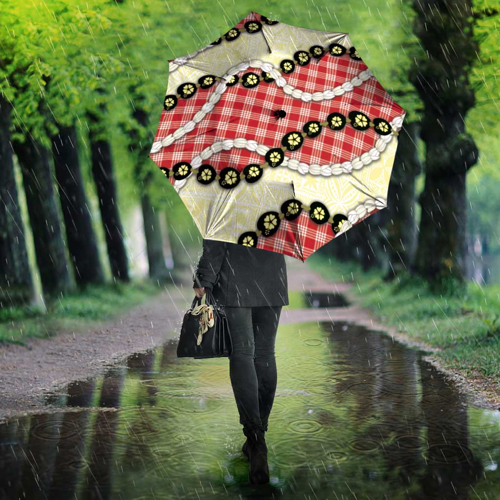 Red Palaka Hawaii Umbrella Kukui Nut Pikake Lei Hawaiian Tapa Pattern - Polynesian Pride