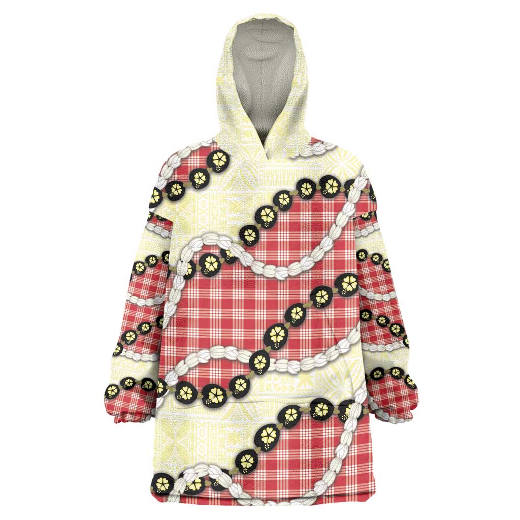 Red Palaka Hawaii Wearable Blanket Hoodie Kukui Nut Pikake Lei Hawaiian Tapa Pattern - Polynesian Pride