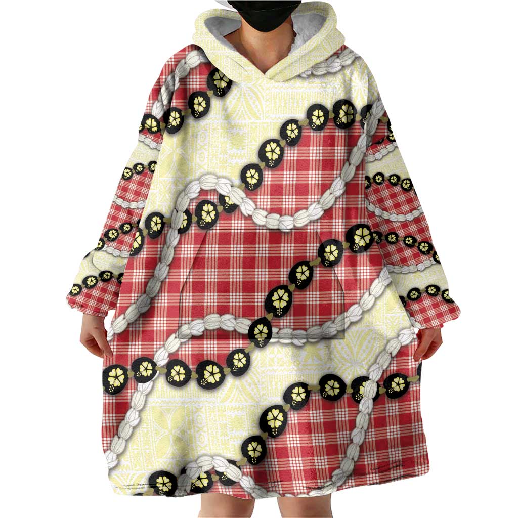 Red Palaka Hawaii Wearable Blanket Hoodie Kukui Nut Pikake Lei Hawaiian Tapa Pattern - Polynesian Pride